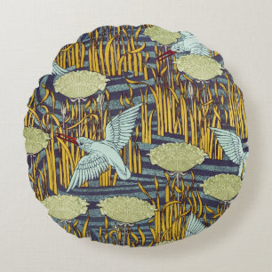 Vintage Art Nouveau Bird & Marsh Nature Pattern Round Cushion