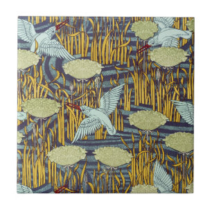 Vintage Art Nouveau Bird & Marsh Nature Pattern Tile