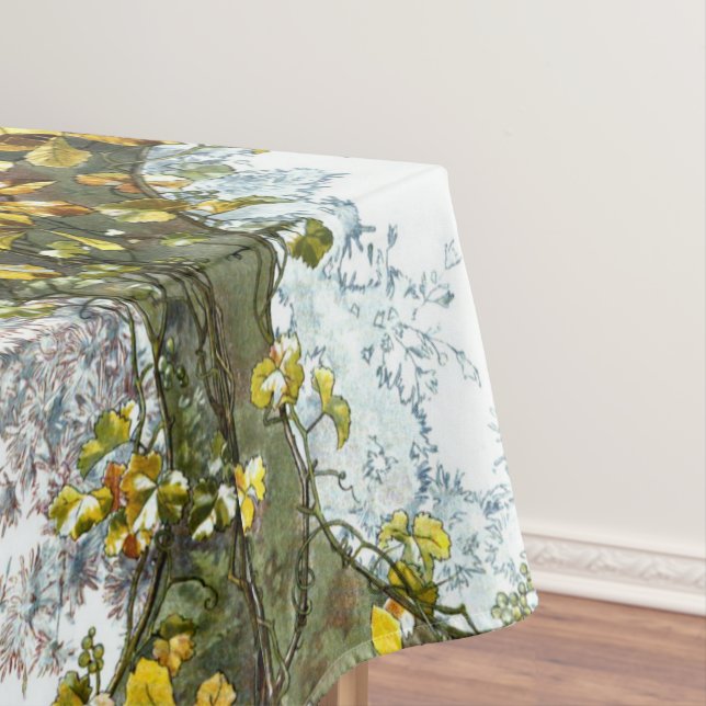 Vintage Art Nouveau Birds and Flowers Pattern Tablecloth (In Situ)