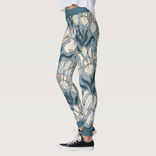 Vintage Art Nouveau, Blue Garden Iris Flowers Leggings
