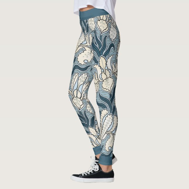 Vintage Art Nouveau, Blue Garden Iris Flowers Leggings (Left)