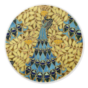 Vintage Art Nouveau Blue Peacock Floral Pattern Ceramic Knob