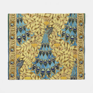 Vintage Art Nouveau Blue Peacock Floral Pattern Fleece Blanket
