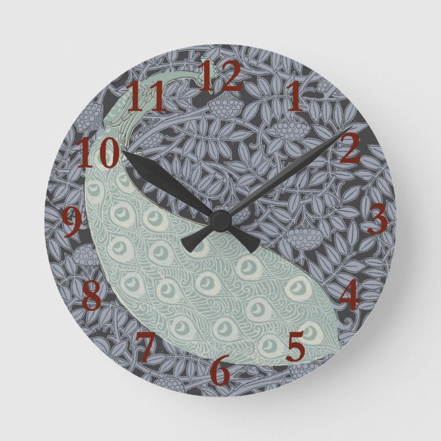 Vintage Art Nouveau Blue Peacock Print Verneuil Round Clock (Front)