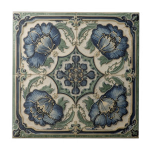 Vintage Art Nouveau Blue Poppies Floral Tile