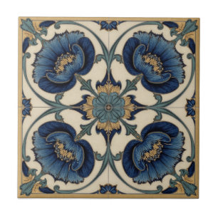 Vintage Art Nouveau  Blue Poppies  Floral  Tile