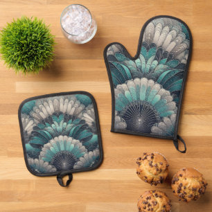 Vintage Art Nouveau Blue Silver Fans Oven Mitt & Pot Holder Set