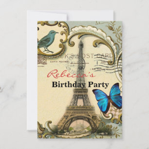 vintage art nouveau blue swirls paris eiffel tower invitation