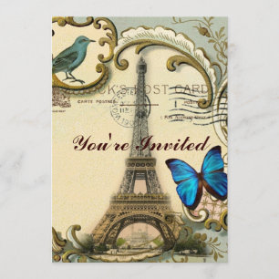 vintage art nouveau blue swirls paris eiffel tower invitation