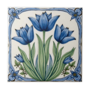 Vintage Art Nouveau Blue Tulips Floral Tile