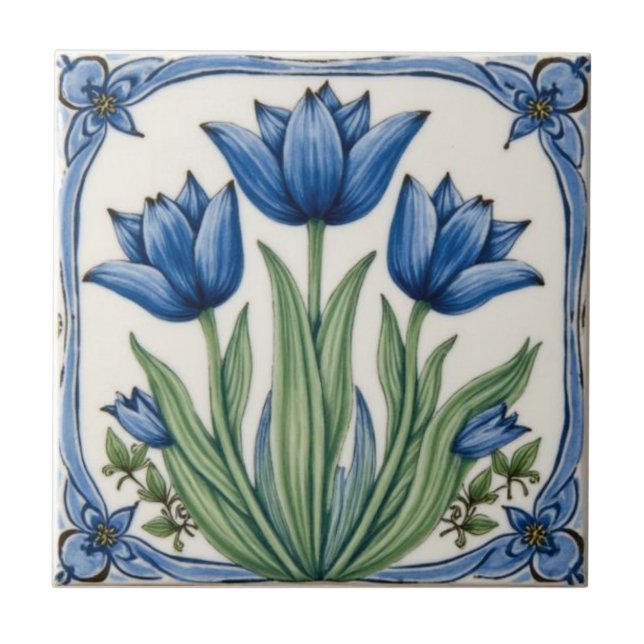 Vintage Art Nouveau Blue Tulips Floral  Tile (Front)