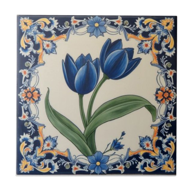 Vintage Art Nouveau Blue Tulips Floral  Tile (Front)