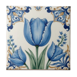 Vintage Art Nouveau Blue Tulips Floral  Tile