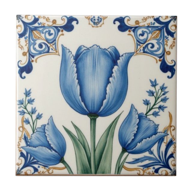 Vintage Art Nouveau Blue Tulips Floral  Tile (Front)