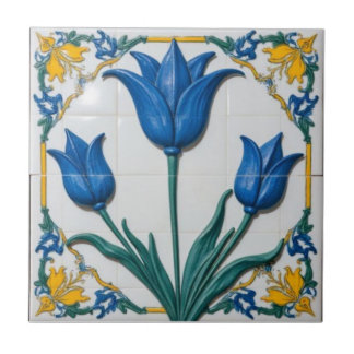 Vintage Art Nouveau Blue Tulips Floral  Tile
