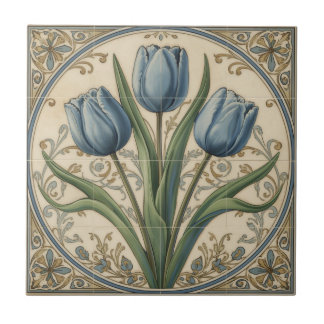 Vintage Art Nouveau Blue Tulips Floral  Tile