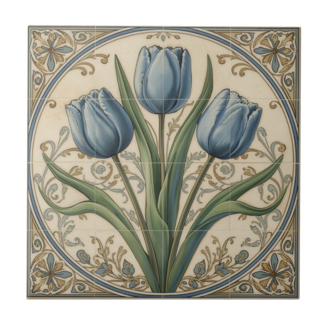 Vintage Art Nouveau Blue Tulips Floral  Tile (Front)
