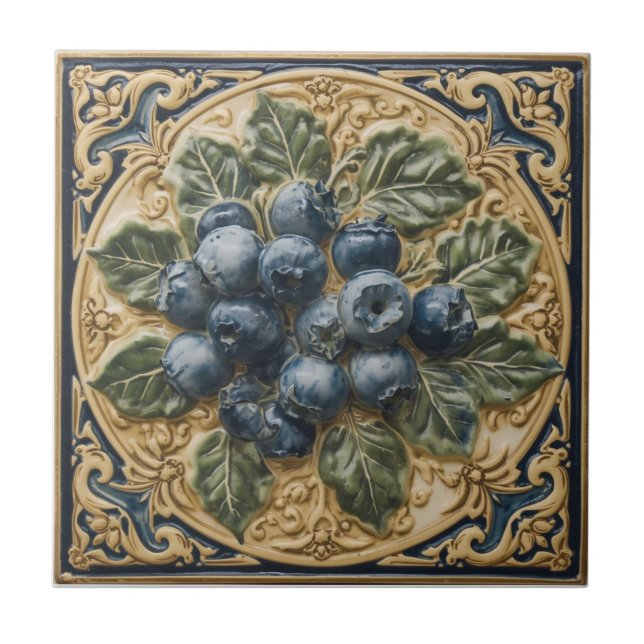 Vintage Art Nouveau Blueberries blue Floral  Tile (Front)