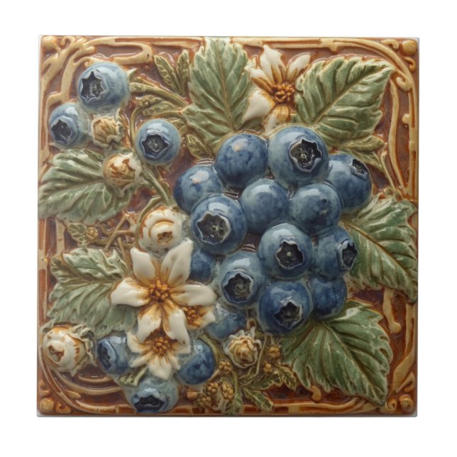 Vintage Art Nouveau Blueberries Floral  Tile (Front)