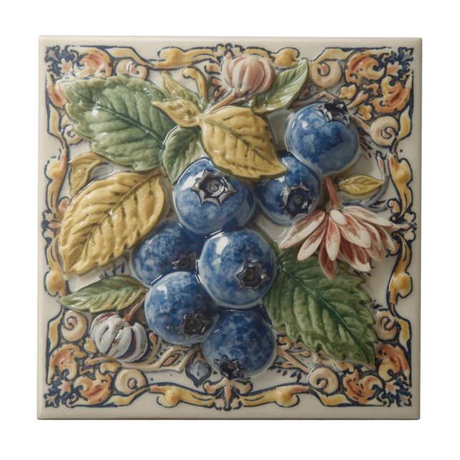 Vintage Art Nouveau Blueberries Floral  Tile (Front)