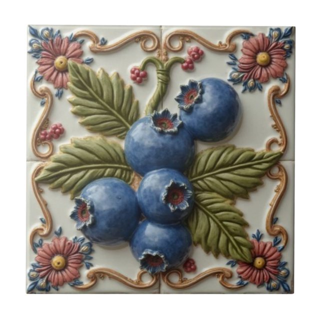 Vintage Art Nouveau Blueberries Floral  Tile (Front)