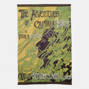 Vintage Art Nouveau Book, Captain Horn Adventures Tea Towel