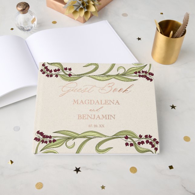 Vintage Art Nouveau Burgundy Green Flowers Wedding Guest Book (Front Open)