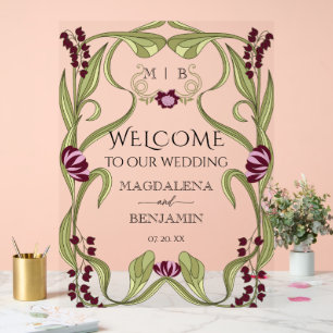 Vintage Art Nouveau Burgundy Pink Floral Welcome Acrylic Sign