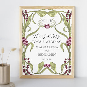 Vintage Art Nouveau Burgundy Pink Floral Welcome Poster