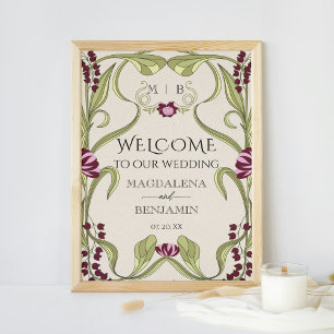 Vintage Art Nouveau Burgundy Pink Floral Welcome Poster