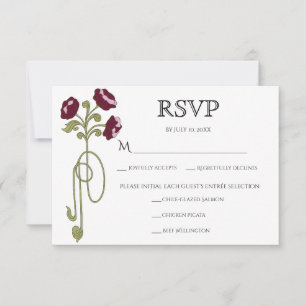 Vintage Art Nouveau Burgundy Pink Flowers Meals RSVP Card