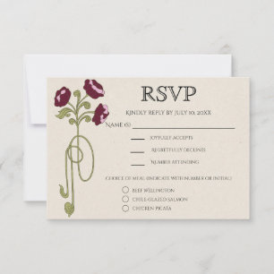 Vintage Art Nouveau Burgundy Pink Flowers Meals RSVP Card
