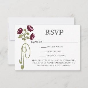 Vintage Art Nouveau Burgundy Pink Flowers QR Code RSVP Card