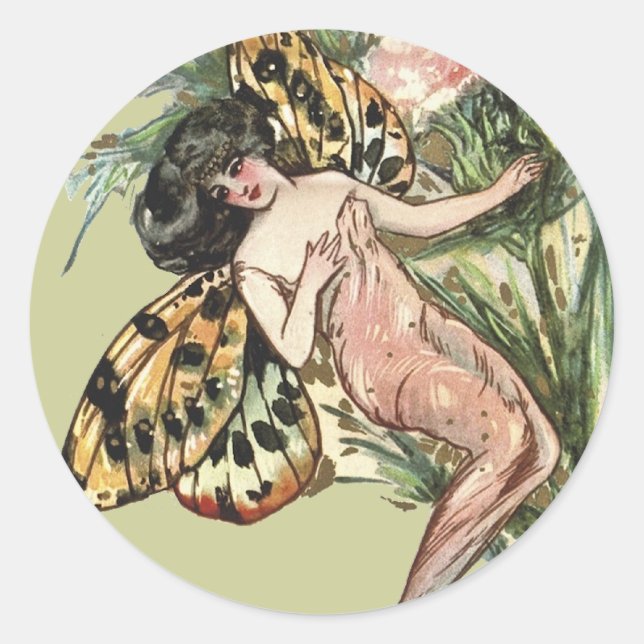 Vintage Art Nouveau Butterfly Fairy Classic Round Sticker (Front)