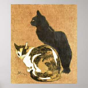 Vintage Art Nouveau Cats Couple, Black & Calico Poster