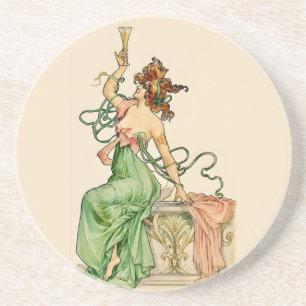 Vintage Art Nouveau Champagne Lady Illustration  Coaster