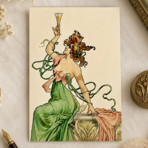 Vintage Art Nouveau Champagne Lady Illustration Holiday Postcard