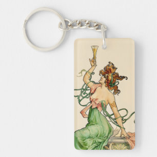 Vintage Art Nouveau Champagne Lady Illustration Key Ring