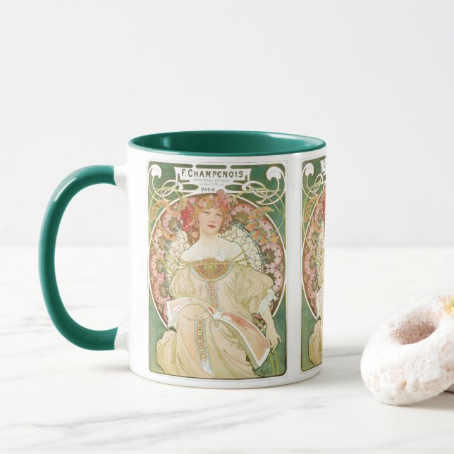 Vintage Art Nouveau, Champenois by Alphonse Mucha Mug (With Donut)