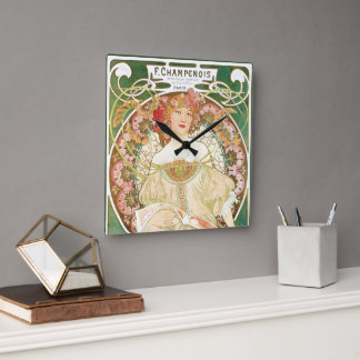 Vintage Art Nouveau, Champenois by Alphonse Mucha Square Wall Clock