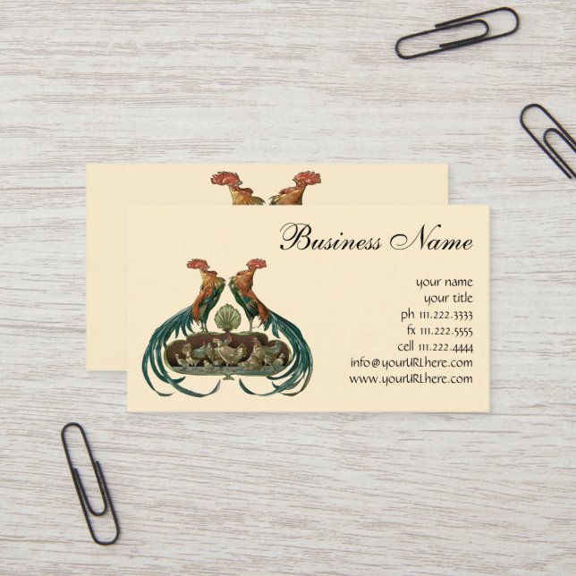 Vintage Art Nouveau Chickens and Roosters Business Card (Front/Back In Situ)