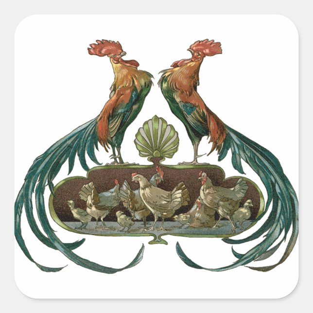 Vintage Art Nouveau Chickens and Roosters Square Sticker (Front)