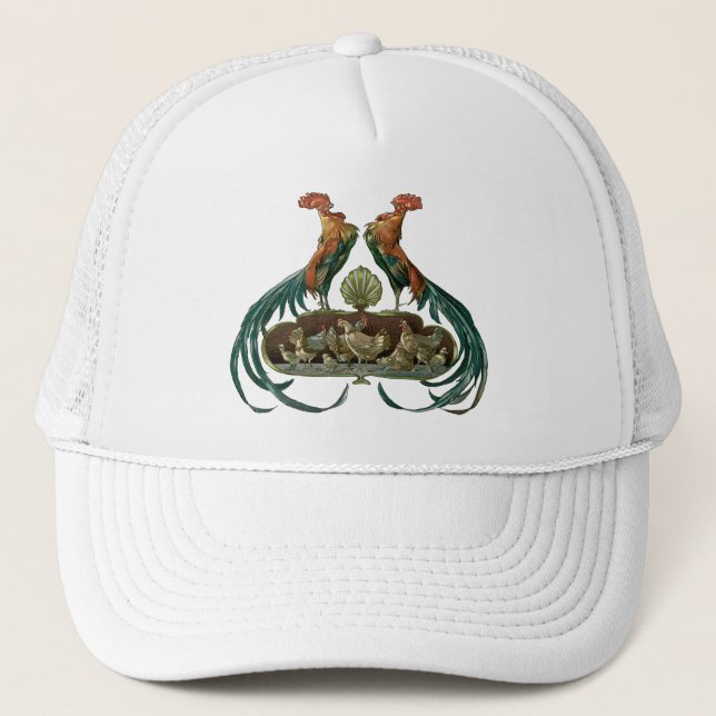 Vintage Art Nouveau Chickens and Roosters Trucker Hat (Front)