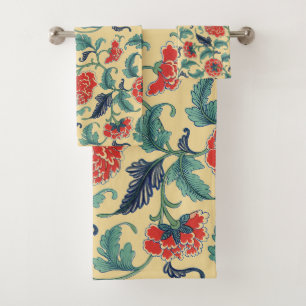 Vintage Art Nouveau Chinese Red Floral Chinoiserie Bath Towel Set