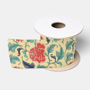 Vintage Art Nouveau Chinese Red Floral Chinoiserie Satin Ribbon