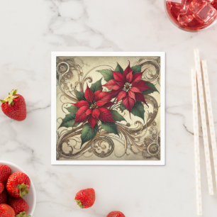 Vintage Art Nouveau Christmas Poinsettia Decoupage Napkin