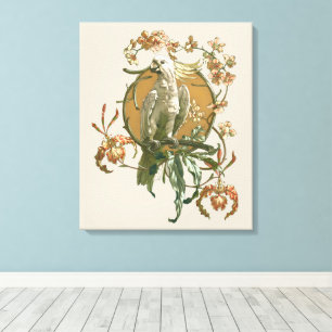 Vintage Art Nouveau, Cockatoo Bird, Orchid Flowers Canvas Print