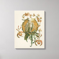 Vintage Art Nouveau, Cockatoo Bird, Orchid Flowers