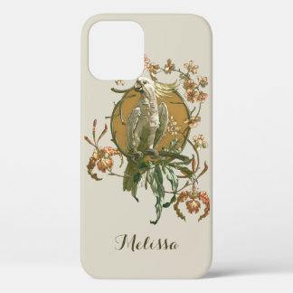 Vintage Art Nouveau, Cockatoo Bird, Orchid Flowers iPhone 12 Case