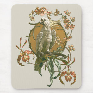 Vintage Art Nouveau, Cockatoo Bird, Orchid Flowers Mouse Mat